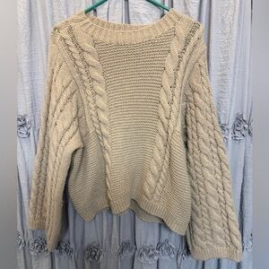 Altar'd State Cream Cable-Pattern Crewneck Sweater